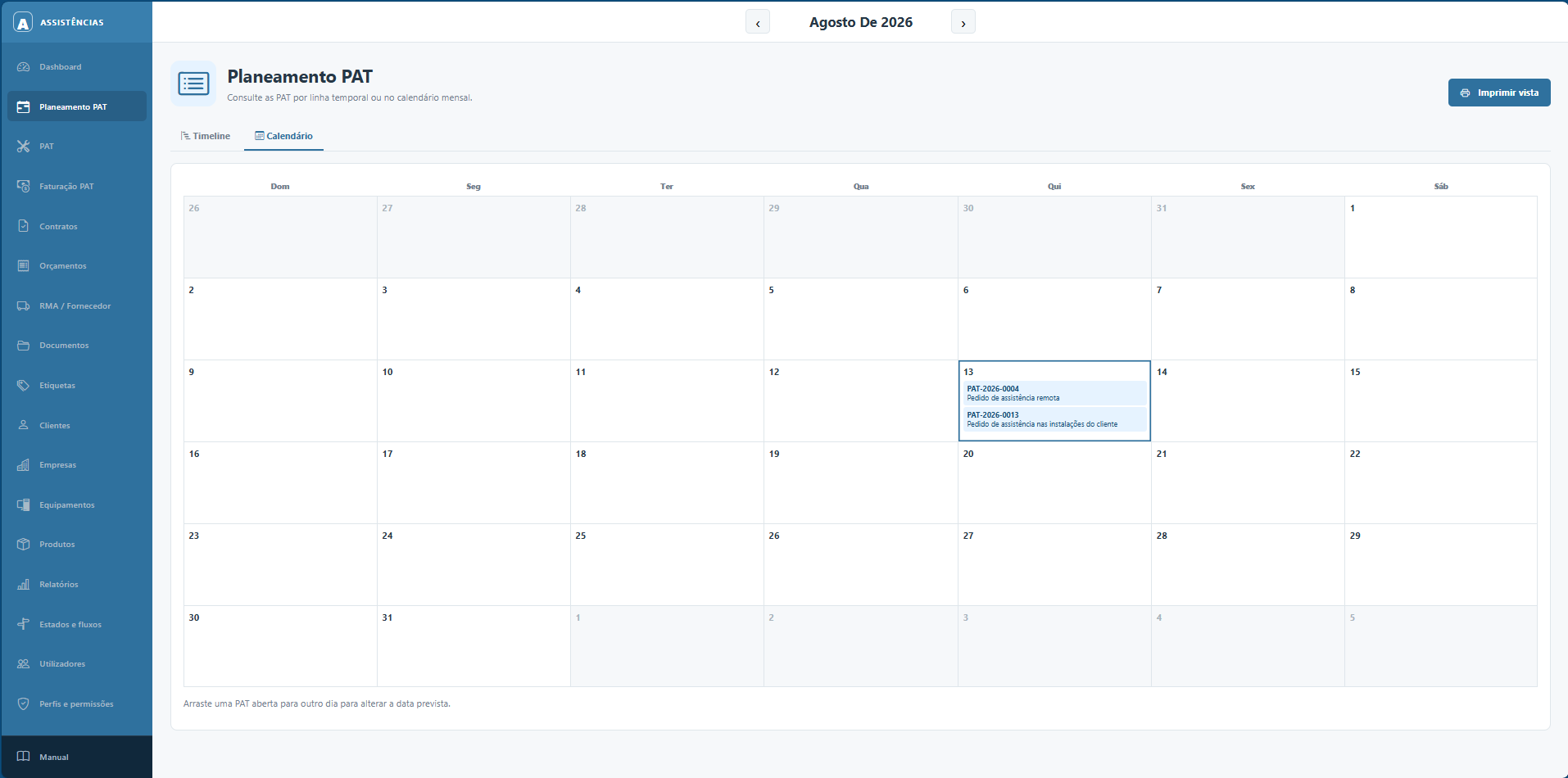 Planeamento PAT em calendário